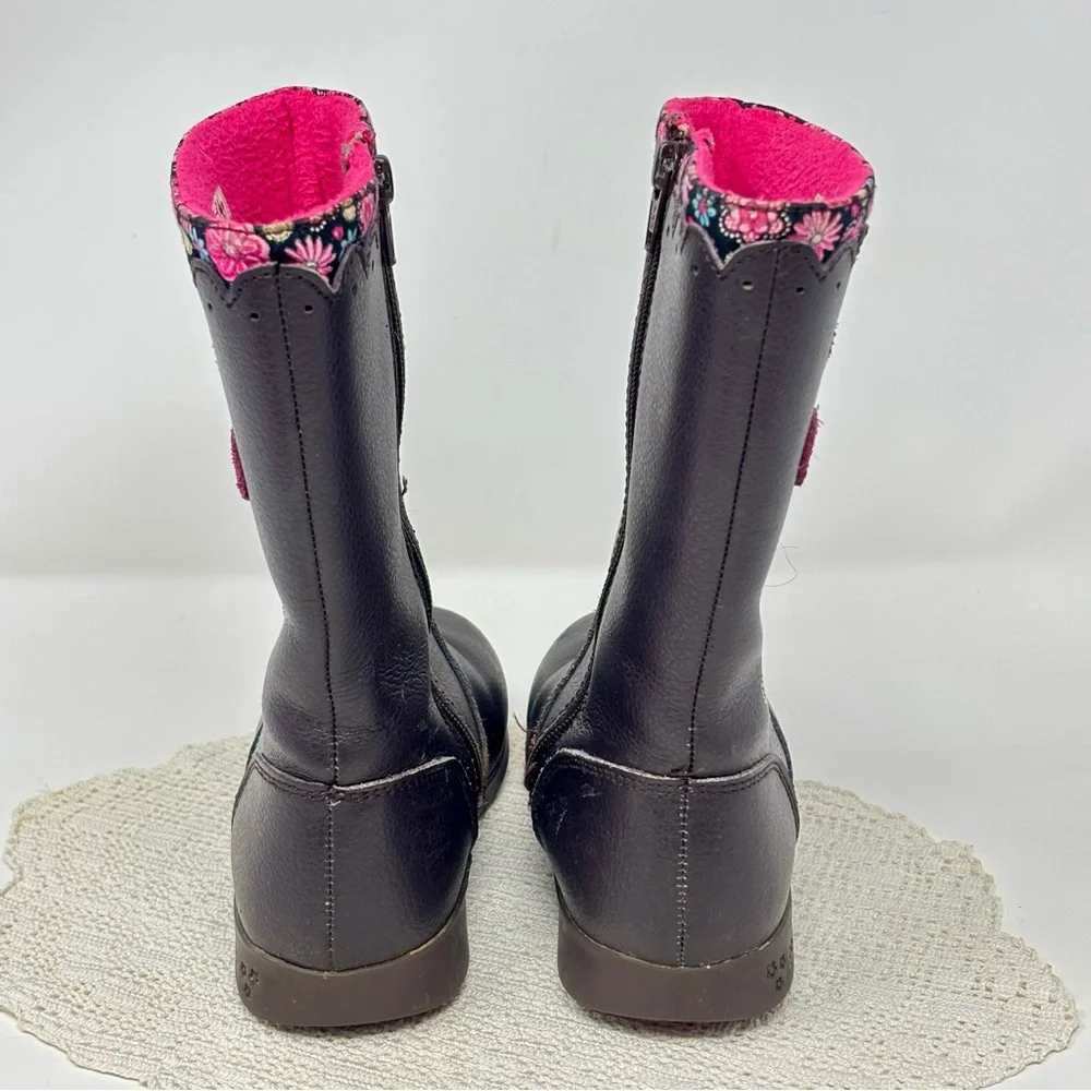 Pediped Kenadi Boot Brown Leather Floral Appliqué Rubber Soles Toddler Girl 10